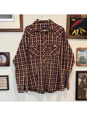Vintage 90s Wrangler Mens Long Sleeve Pearl Snap Flannel Western Shirt Size XL